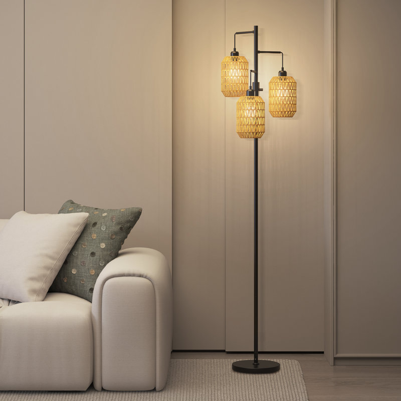 Lampe sur pied en rotin avec 3 ampoules incluses