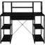 Bureau noir avec tablettes ouvertes, idéal pour le bureau - Grand espace de rangement avec 1 tiroir et 8 compartiments. Structure robuste en bois et en métal, avec passe-câbles intégré et design élégant.