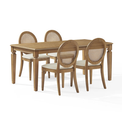 Jacolyn 5pc Dining Table Set For 4 Cane-back Upholstered Chairs
