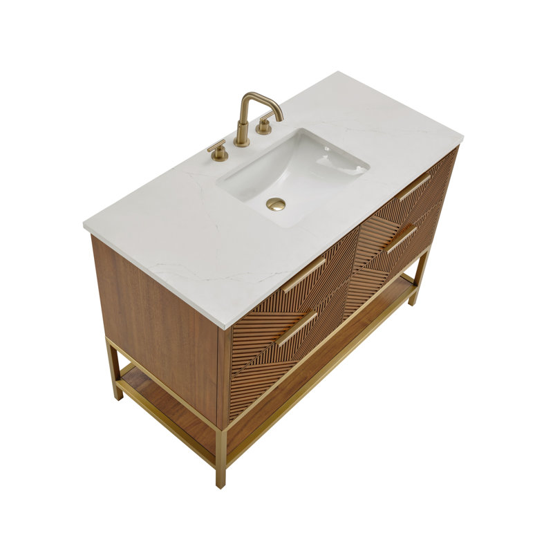 Diamond 48'' W Single Vanity, Satin Brass, Calacatta Quartz, Walnut