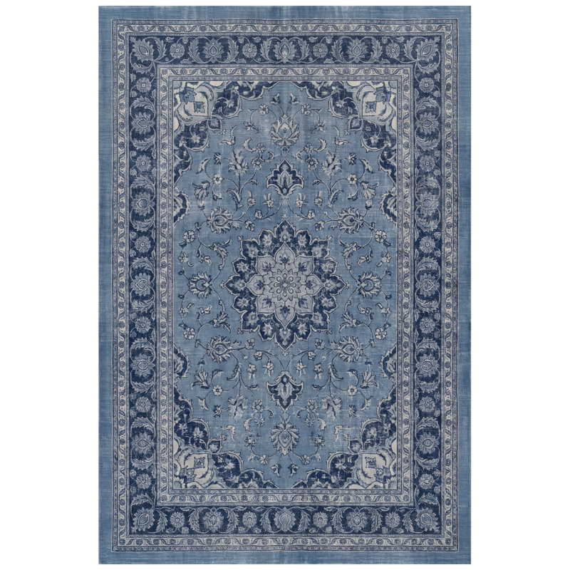 Dune2 Traditional Overdyed Solid Blue Gray Cream Machine Washable Non-Slip Low Pile Indoor Outdoor Pet Friendly Living Room Bedroom Dining Room Entryway Hallway Office Area Rug