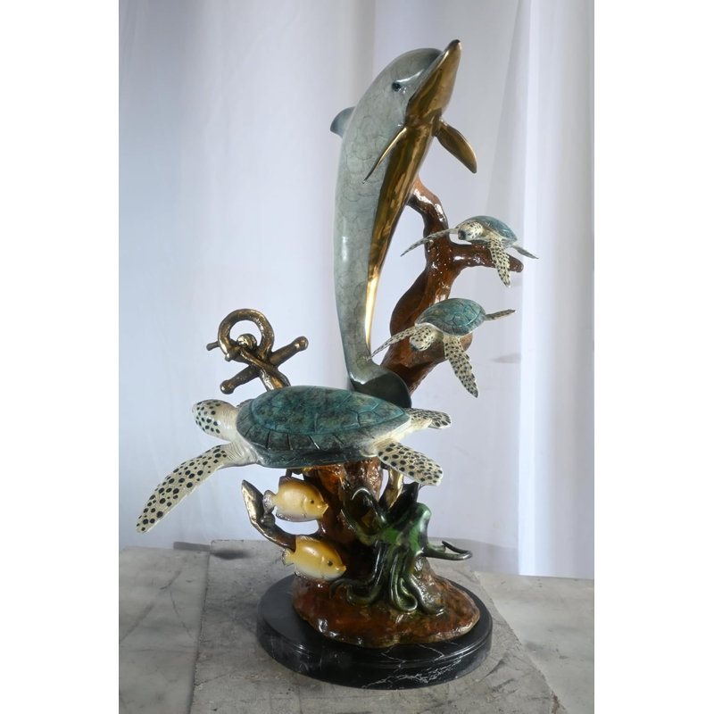 Scène de mer bronze avec dauphins et fontaines perdues 22 po x 18 po x H 37 po