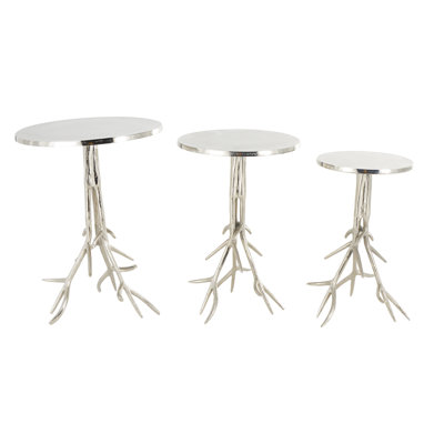 Rosalyn Aluminum Metal Side End Silver Accent Table with Textured Tree Branch Legs Set