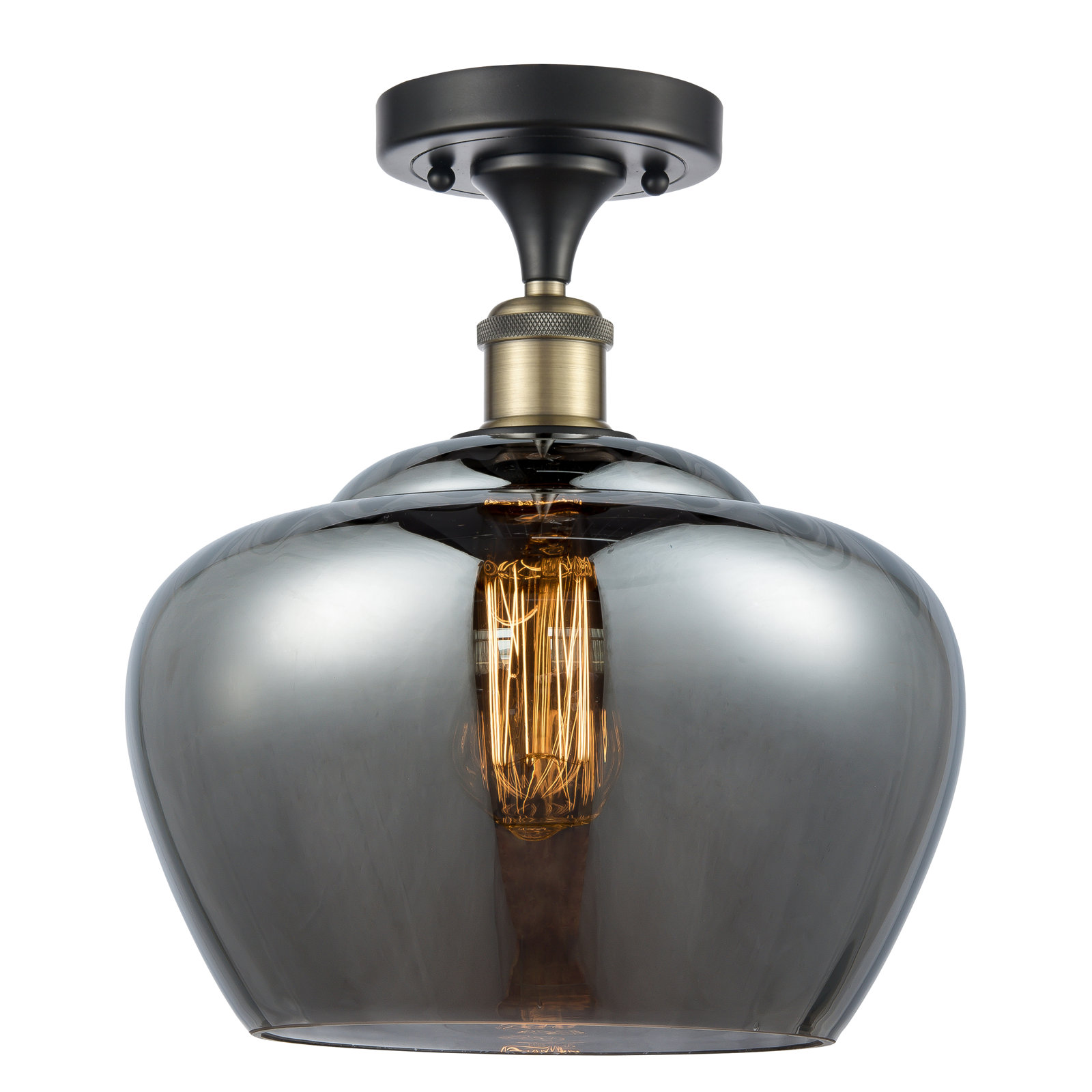 Renee Single Light Glass Semi Flush Mount, Plated Smoke, 6 Watt Vintage LED Bulb, Black Antique Brass