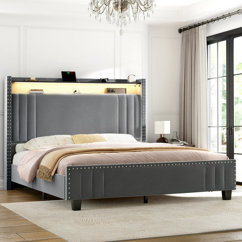 Hudepohl Upholstered Wingback Bed with 52.12" High Storage Headboard, Modern Upholstered Bed Frame with Outlet & LED Light