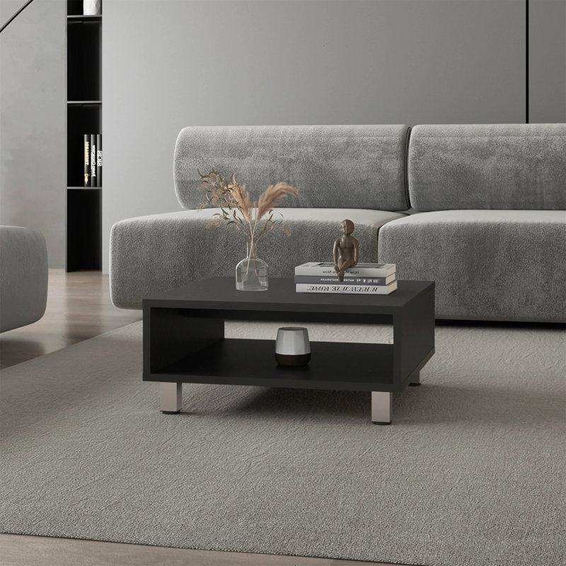 Table basse Chiniak, 1 tablette, 4 pieds, noir, salon, Noir, noir, noir, noir