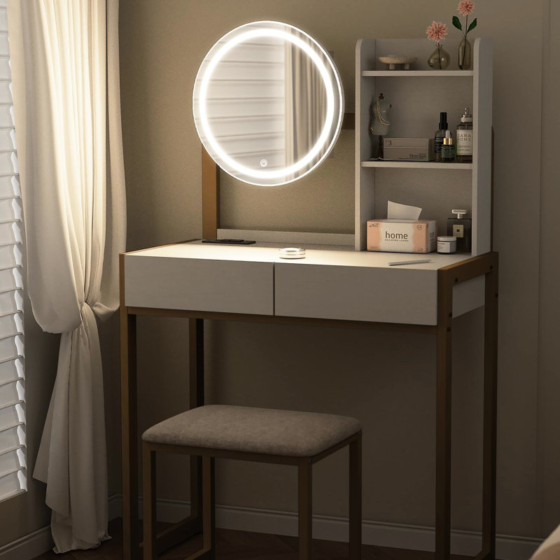 Bureau de meuble-lavabo pour chambre à coucher avec 3 modes d'éclairage, alimentation intégrée, tiroir, tablettes ouvertes et tabouret rembourré, miroir de table de maquillage à DEL blanc doré, éclairage réglable, prise de courant,