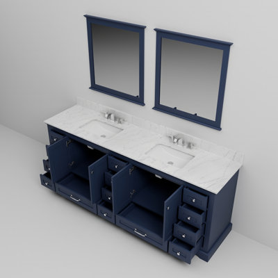 Meuble-lavabo double bleu marine l 84 po x P 22 po, comptoir en marbre de Carrare, ensemble de robinet et miroirs de 34 po