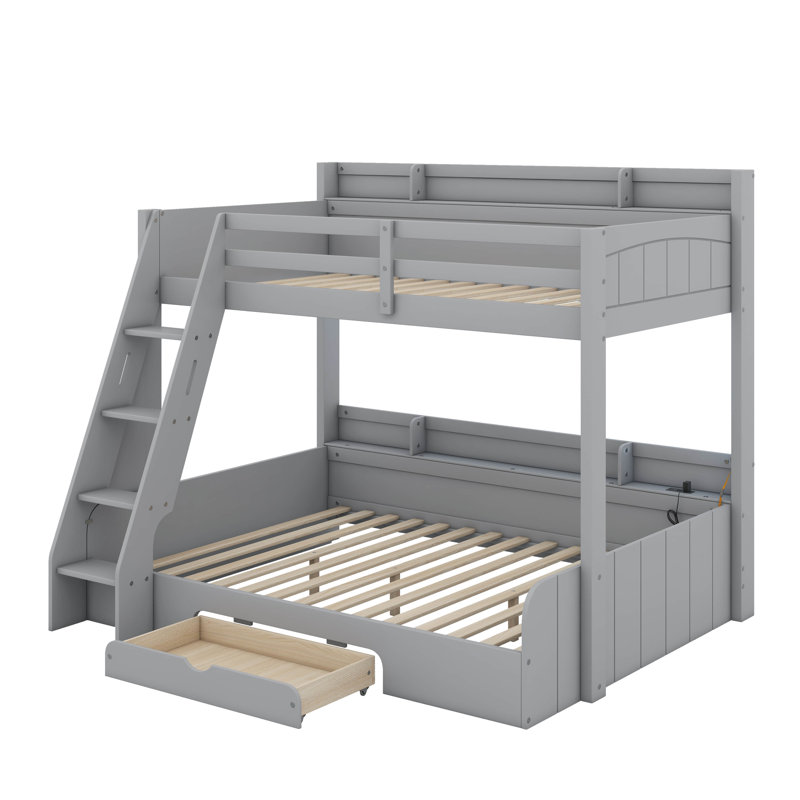 Lit simple superposé au dessus d'un lit double avec tablettes de rangement, DEL et tiroir, Gris