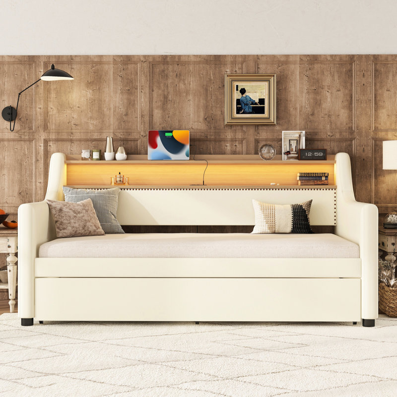 Twin Daybed With Trundle And Headboard Storage, White Covered Charging & Illuminating Features Upholstered Trundle, , Led Lights Holders