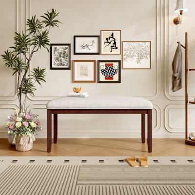 Banc de salle à manger de 38 pouces avec siège rembourré en lin beige et pieds en bois d'hévéa massif pour la chambre à coucher, le salon et le vestibule, style Mid-Century moderne