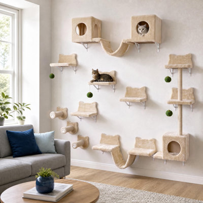 Ensemble de mobilier mural modulaire 18 en 1 pour chats, étagères et niches murales beiges et beiges