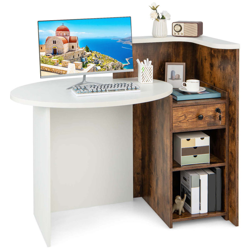 Front Reception Counter Desk Checkout Office Desk With Open Shelf & Lockable Drawer, Brown