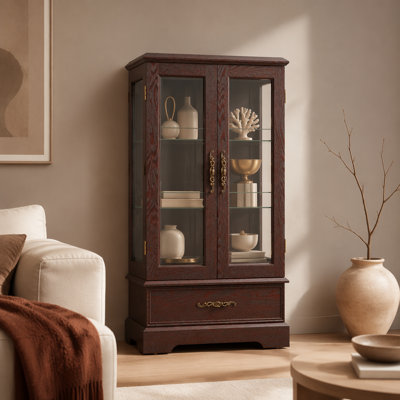 Glass Cabinet Lighted Glass Cabinet Curio Display Cabinet with Adjustable Glass Shelves 2 Doors and 1 drawer Cabinet Bulb Included