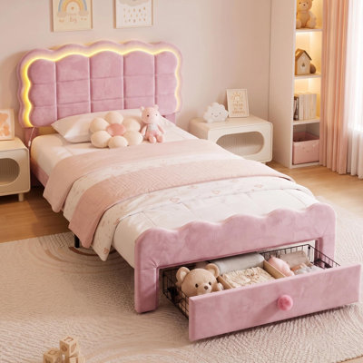 Twin Size Bed Frame with LED Lights & Storage Drawer, Pink | Adjustable Wavy Headboard, Upholstered Velvet Platform Bed for Kids, Solid Wood Slats Support, No Box Spring Needed