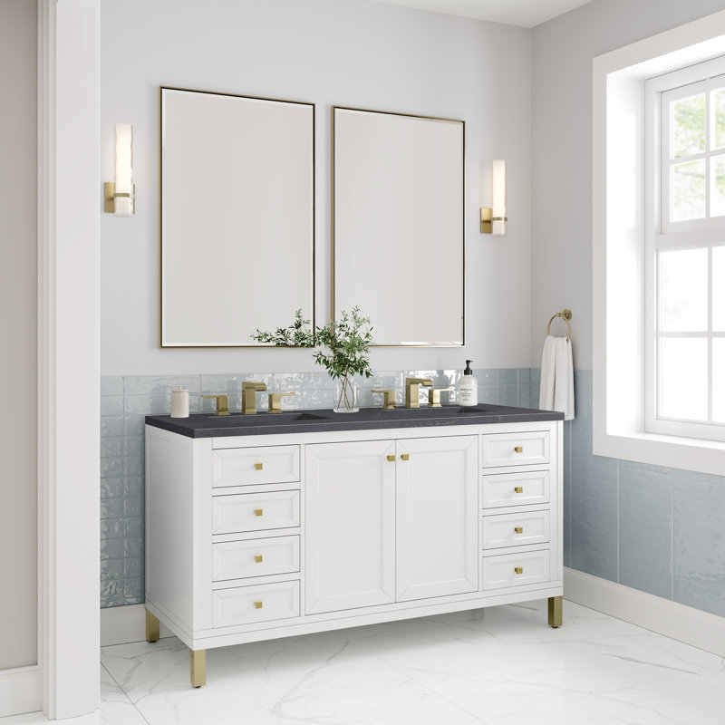 Chicago 60'' W Double Vanity, 8" Widespread, Charcoal Soapstone, Glossy White