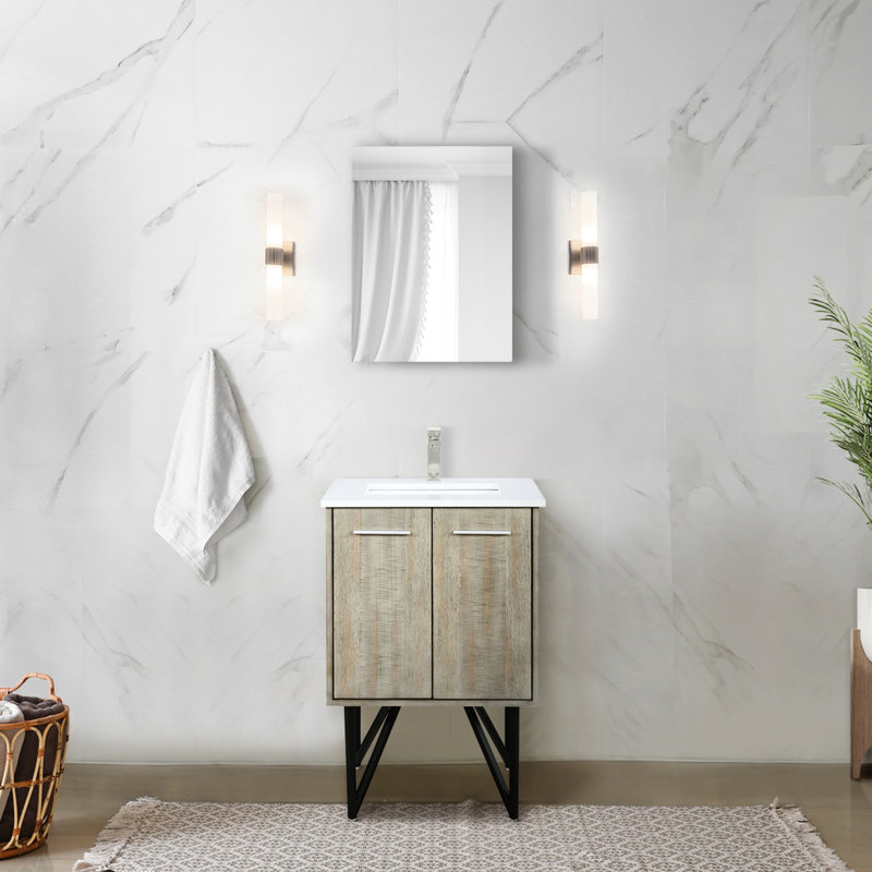 Rustique 24 po Meuble-lavabo large pour salle de bain avec comptoir en quartz blanc, 18 miroirs ovales à plateau de table, charnières à fermeture en douceur et tablettes intérieures avec espace de rangement réglable