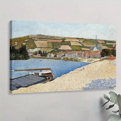 1Pc Framed Canvas Poster Print River scene: A boat docked by a town with rolling hills, Pointillist painting style.Wall Art Decor, Perfect for Room Decor Living Room Bedroom Office Kitchen Bathroom Home Decor, Ideal Home Wall Decoration Gift