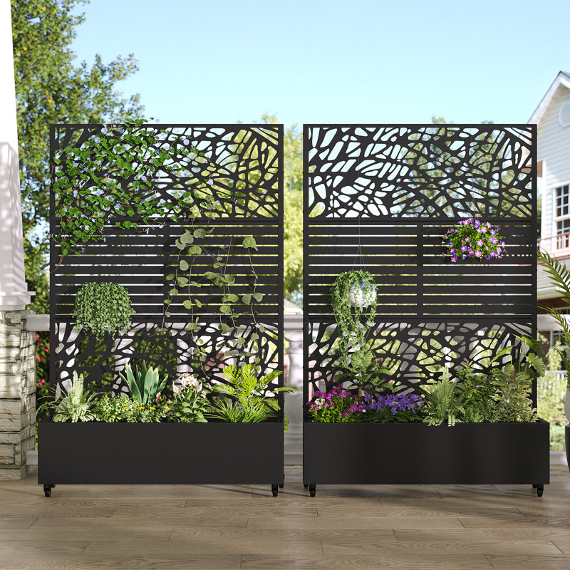 Lit de jardin surélevé autoportant en métal à deux tons avec treillis et écran d'intimité pour plante grimpante