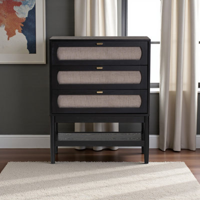 Commode 3 tiroirs Chiyo en tissu beige Mid-Century et bois noir