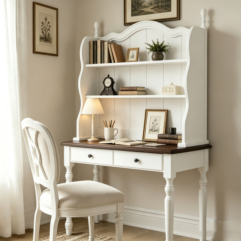 Bureau Mid-Century avec rehausse et tablettes de rangement, Espresso/blanc