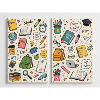 Grand ensemble de 2 Étude de motivation, art mural, Adolescent, décor de classe, école mignonne, Doodle, impressions sur toile