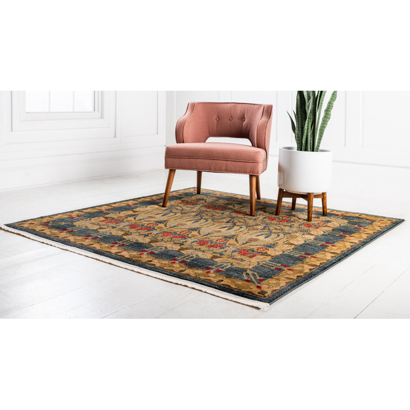 Tapis carré en polypropylène tissé à la machine en rouge / brun / bleu Akane, Carré 10 pi
