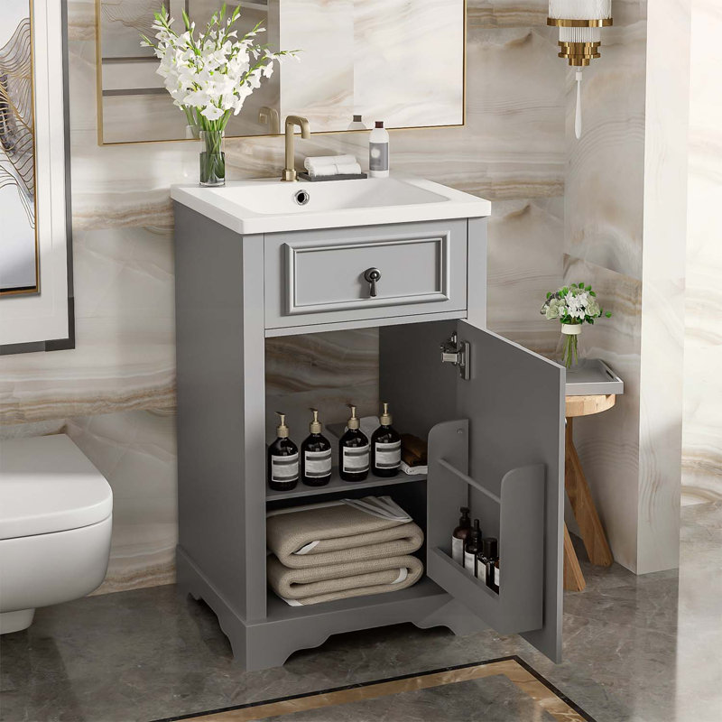 Meuble-lavabo de salle de bain avec lavabo, porte à fermeture en douceur et tablette réglable pour les salles de bain compactes
