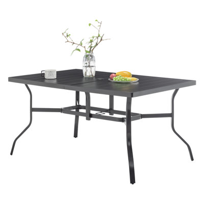 Evin 6-Person Modern Patio Table With Steel Slat Top And Umbrella Hole