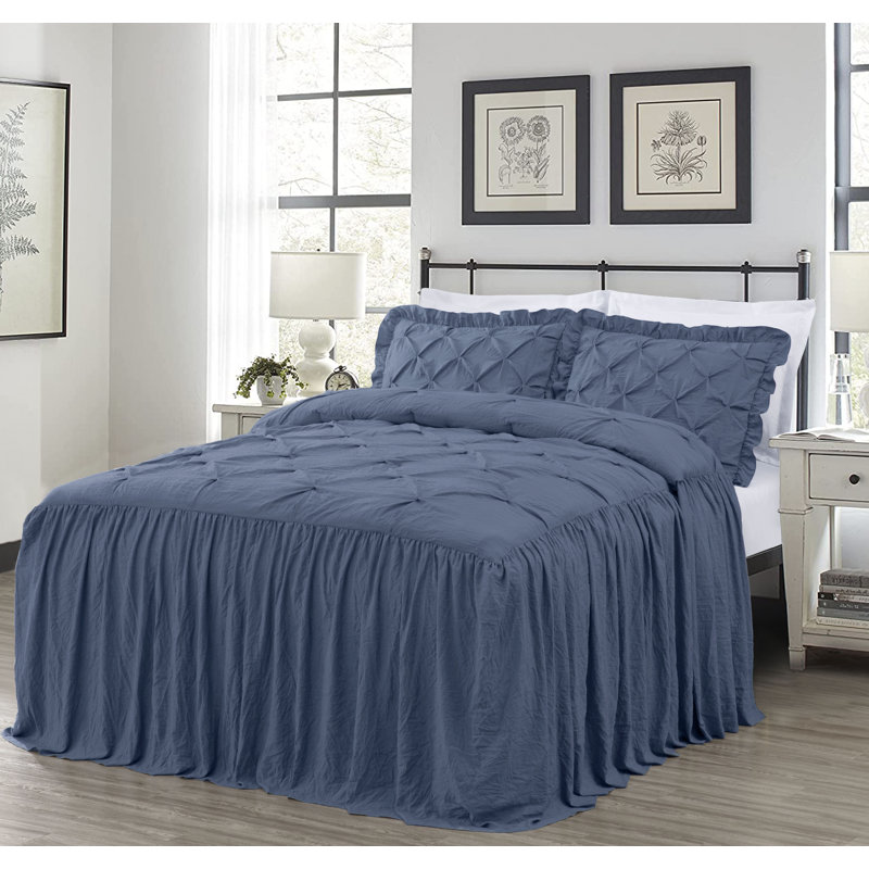 Aria French Country Chic Pinch Pleat Pintuck Ruffle Skirt Bedspread Set, Ivory, King Bedspread + 2 King Shams
