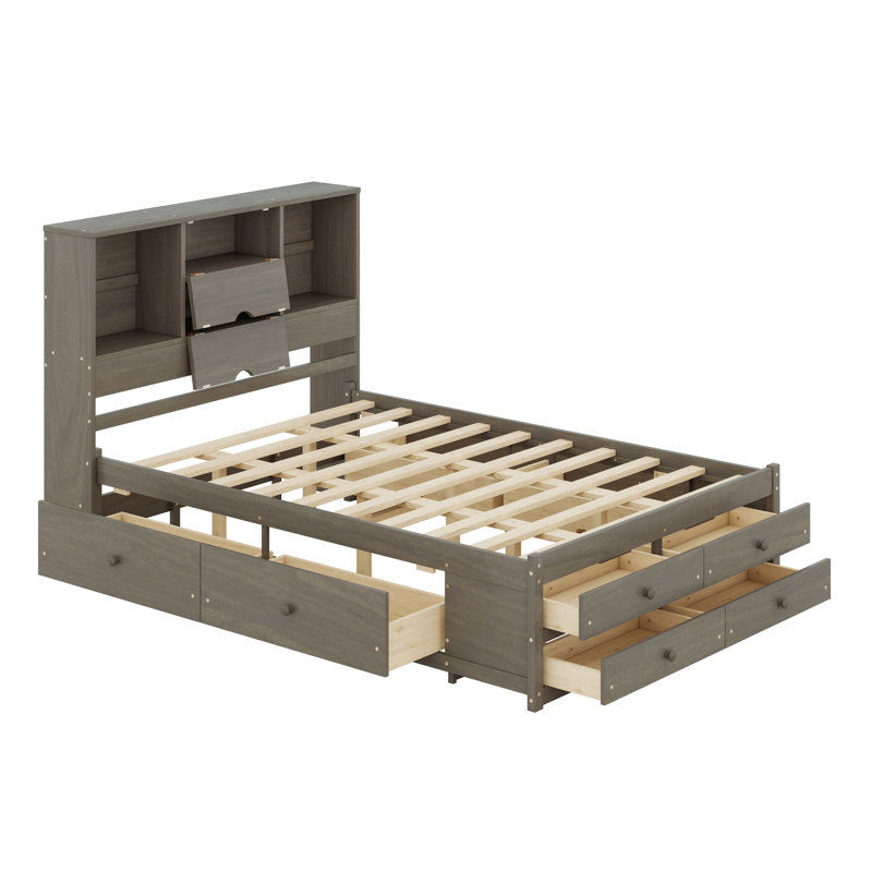 Lit plateforme avec tête de lit, cadre de lit plateforme Farmhouse avec tiroirs de rangement et tablettes, Grand lit, Gris