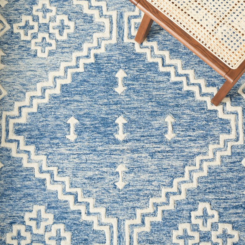 Ivory and Blue Handmade Wool Abstract Area Rug, 8' x 10'