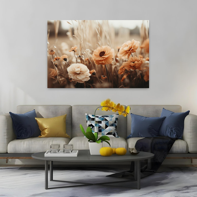 Sepia Blooms, une affiche murale abstraite et sereine représentant un paysage floral vintage., 40" H x 60" W