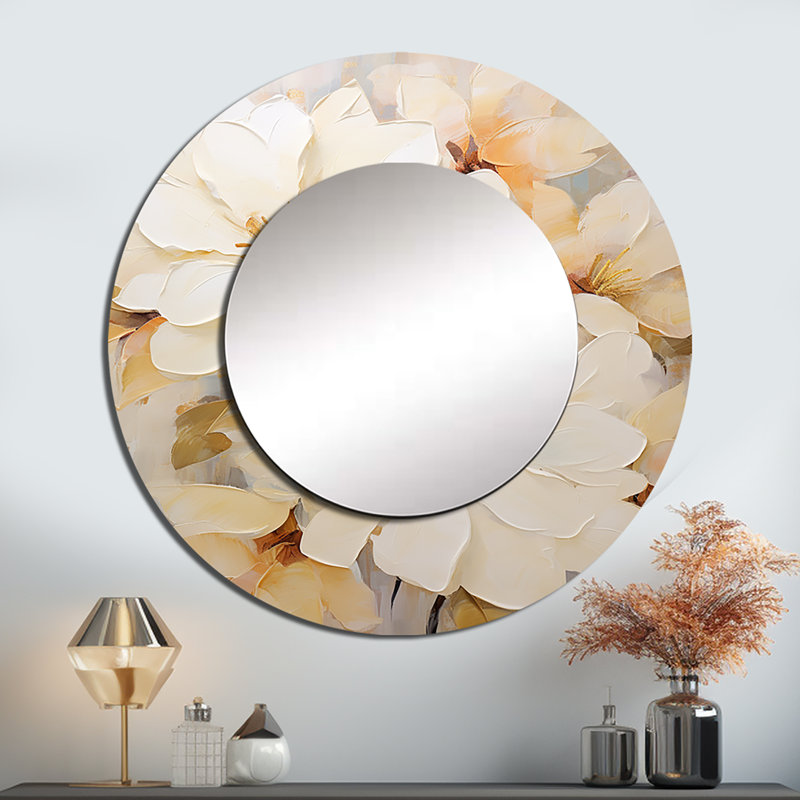 Sanaiah Graceful non embelli Rhododendron I - miroir décoratif rhododendron, miroir mural rond beige, impression d'art en métal