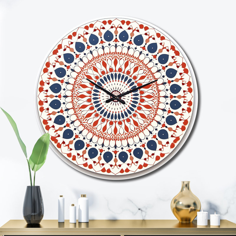 Horloge murale boho mandala rétro en métal bleu et orange III, Très grand