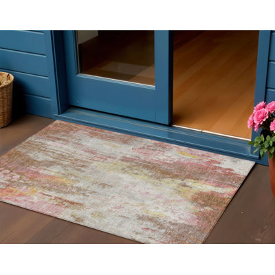 3' X 5' Tan Mauve And Ivory Abstract Washable Indoor Outdoor Area Rug