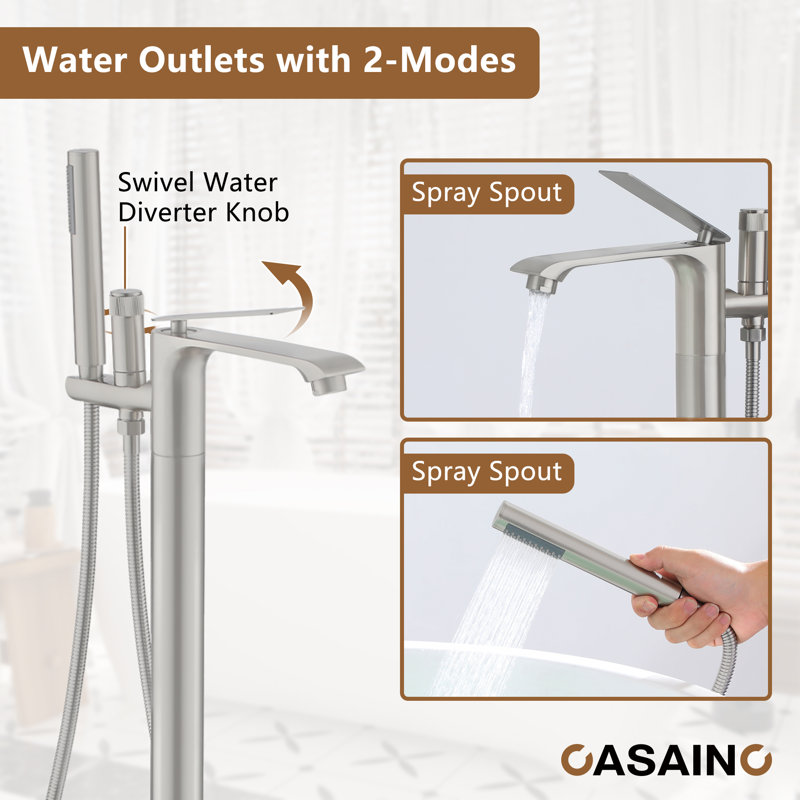Single Handle Free Standing Bathtub Faucet with Diverter and Handshower, Brushed Nickel
