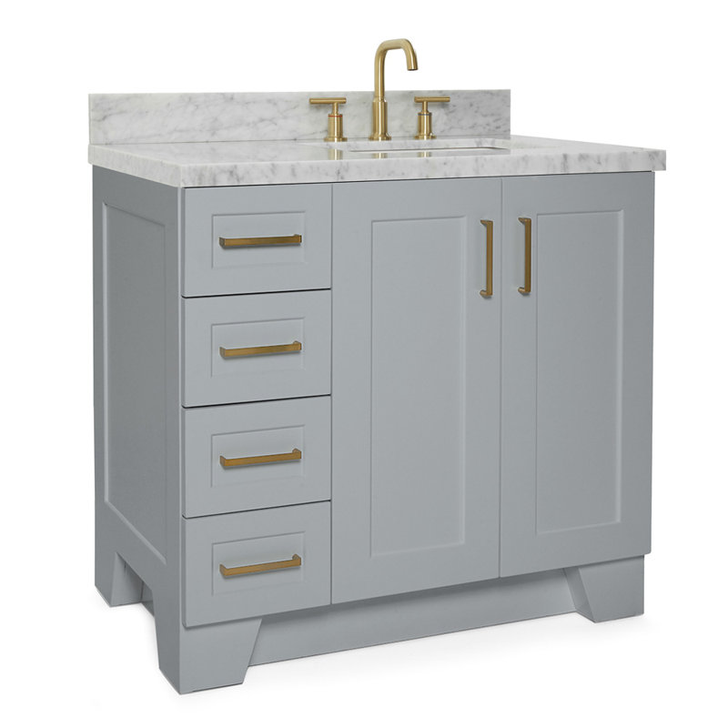 Ensemble de meuble-lavabo simple en bois massif 37 po gris Freitas avec plateau en marbre de Carrare 1,5 po, évier gauche et rectangulaire