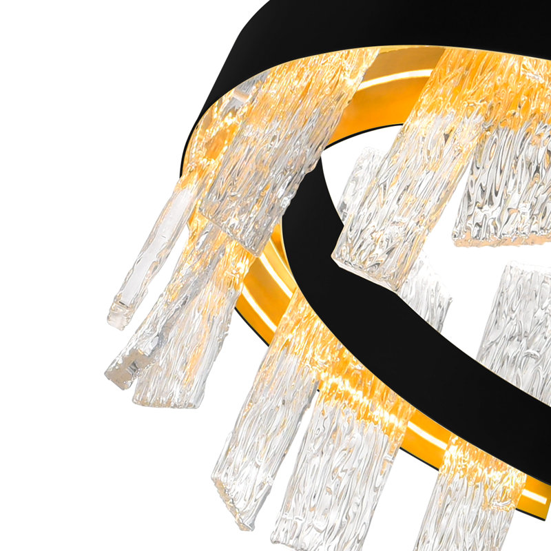 Modern LED 32in Chandelier – Flush Mount Black & Satin Gold Fixture, Integrated Dimmable Lighting for Dining Room, Bedroom, or Entryway