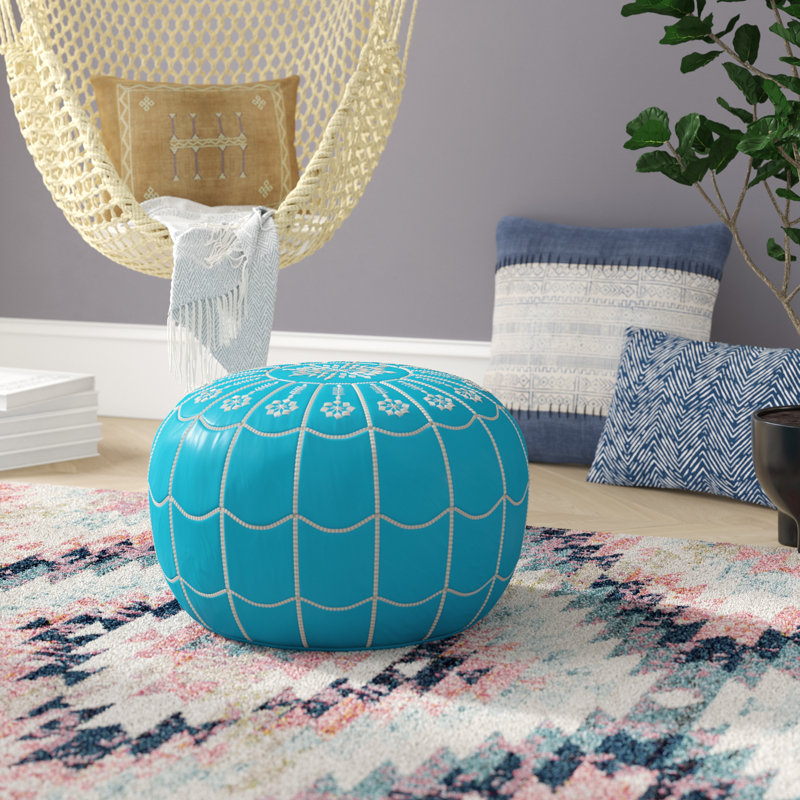 Leather Pouf, Turquoise Genuine Leather