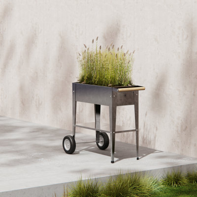 Herstera Metal Galvanized Steel Raised Garden Trolley Planter Silver