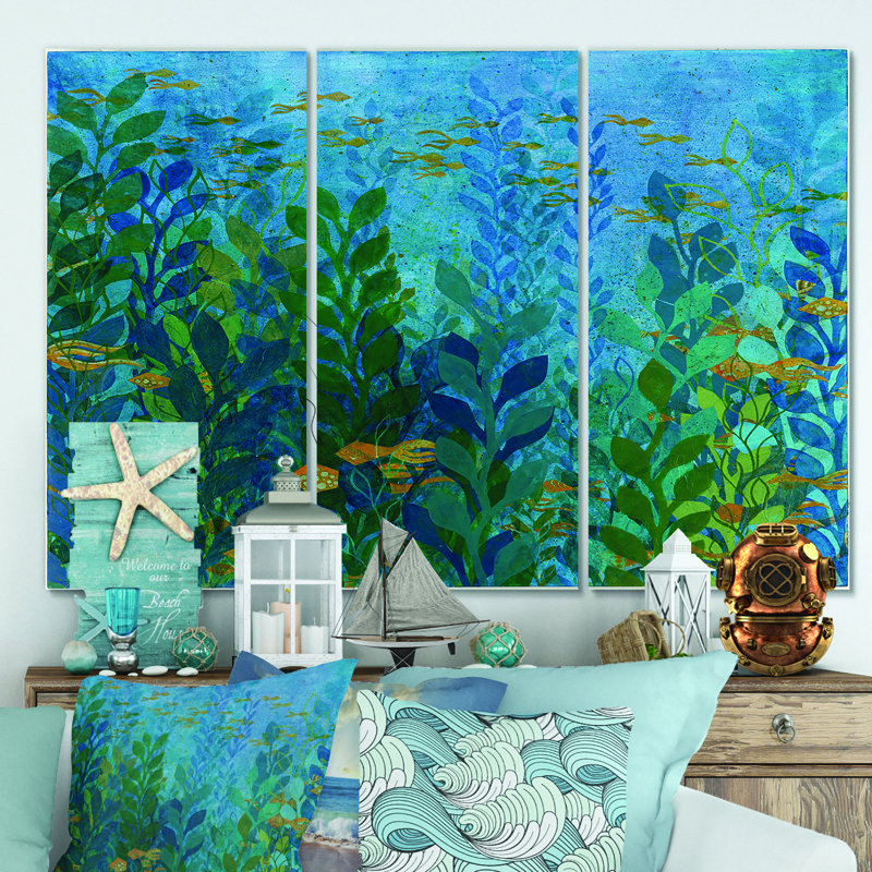 « blue subaquatique lake leaves ii », reproduction d’image multi-pièces sur toile tendue, H 40 po x l 60 po x P 1 po