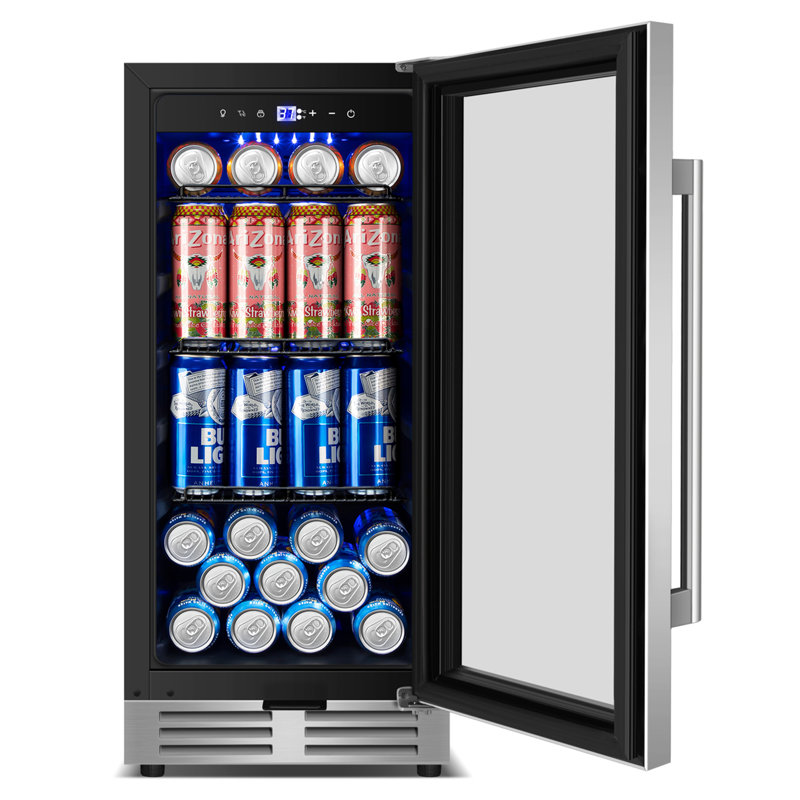 15 Inch Built-in/Freestanding Beverage Refrigerator Cooler 130 Can Beer Cooler Mini Beer Drink Fridge with Glass Door and Lock Under Counter Classic Series