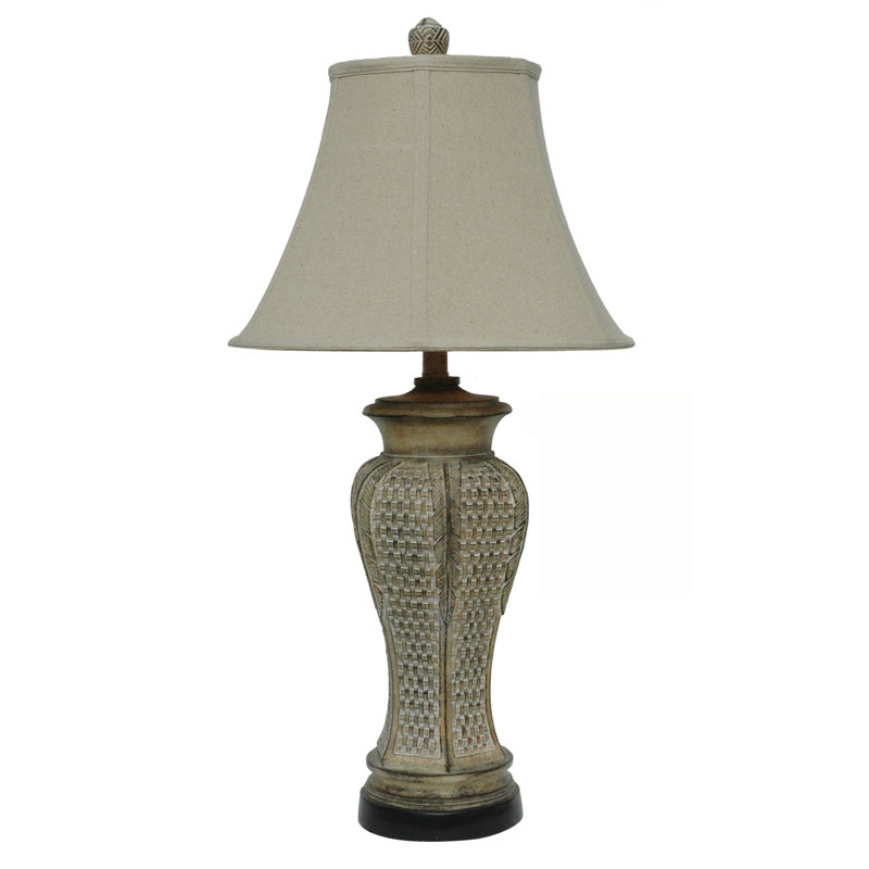 32"H Brown Antiqued Resin Table Lamps With Tan Linen Shades