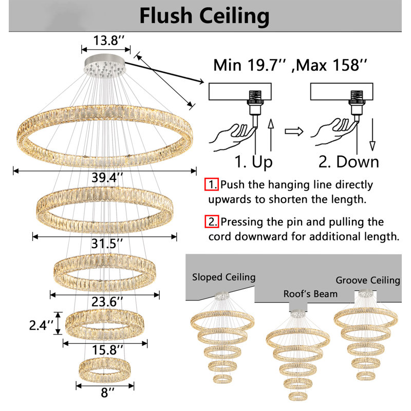 Modern 5-rings Crystal Led Chandelier, Silver