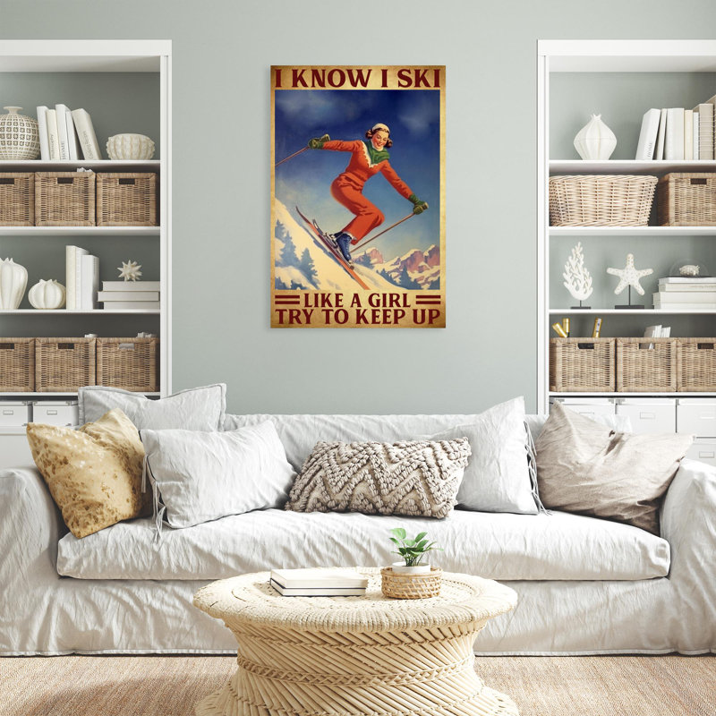 Girl - I Know I Ski Gallery, toile tendue - Illustration de motif sportif, décoration bleue et rouge