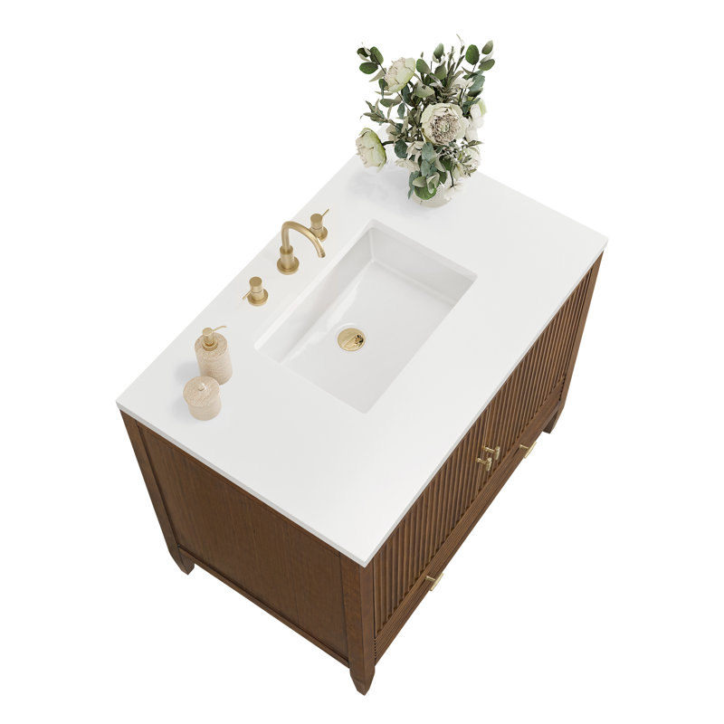Myrrin 36'' W Single Vanity, Mid-Century Walnut, White Zeus, 8" Widespread