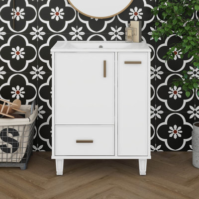 Meuble-lavabo 24 po avec lavabo en céramique, ensemble de meuble-lavabo autoportant avec tablette de porte, tiroir profond et panier coulissant à 2 niveaux