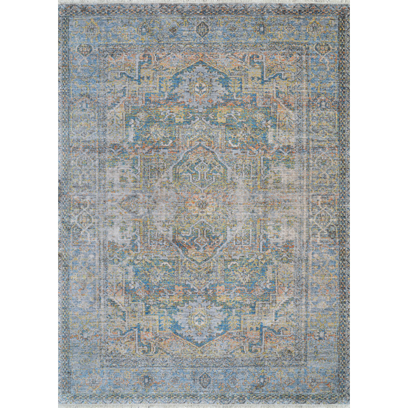 Tapis bleu ciel / pierre multicolore Temaka, 5 pi 3 po x 7 pi 6 po