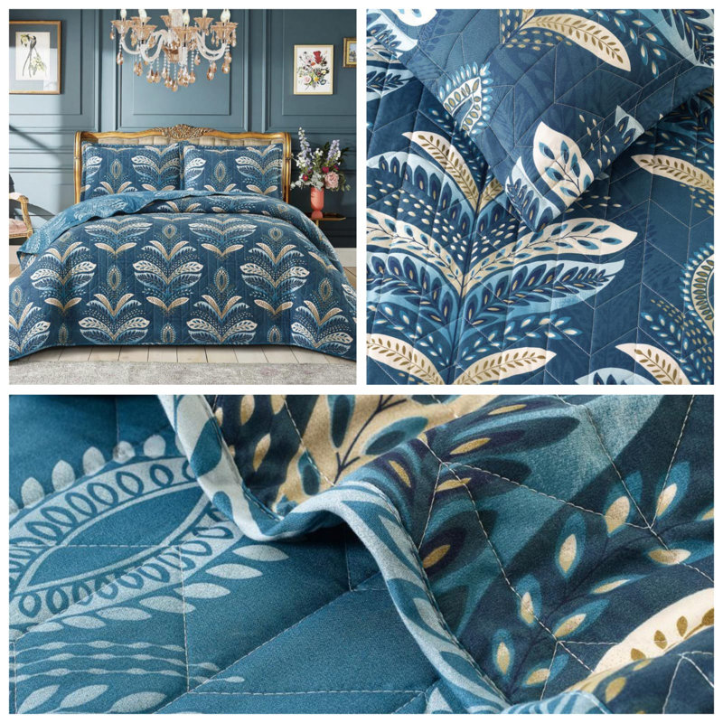 Printed Bedspread Set Floral Pattern with Matching Pillow Shams, Soft Microfiber Coverlet, Lightweight & All-Season Bedding